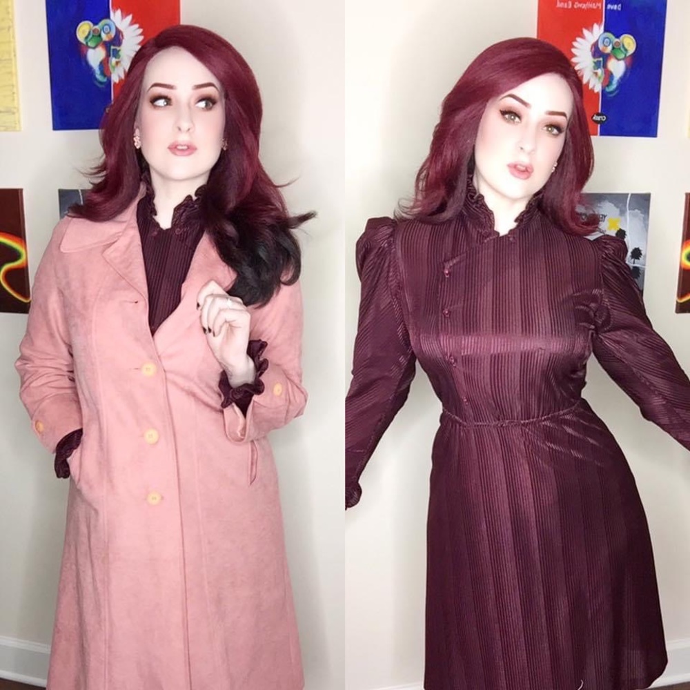 Vintage Merlot Ruffle High-Neck Puff Sleeve Dress - Picture 10 of 12